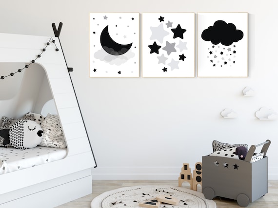 Nursery decor neutral, black and gray, Nursery wall art grey, gray nursery, black, baby room decor, gender neutral, moon and stars, clouds