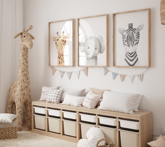 Safari Animal Nursery Wall Art Set of 3 - Giraffe Elephant Zebra Prints - Baby Room Decor - Gender Neutral Jungle Animal Poster Set