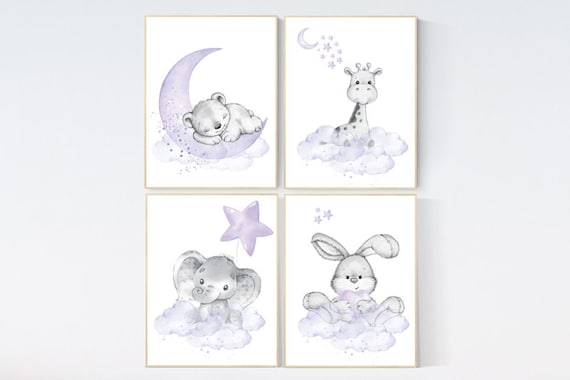 Nursery decor girl woodland, purple nursery, lilac, elephant, bear, giraffe, bunny, animal nursery, lilac nursery, animal nursery prints