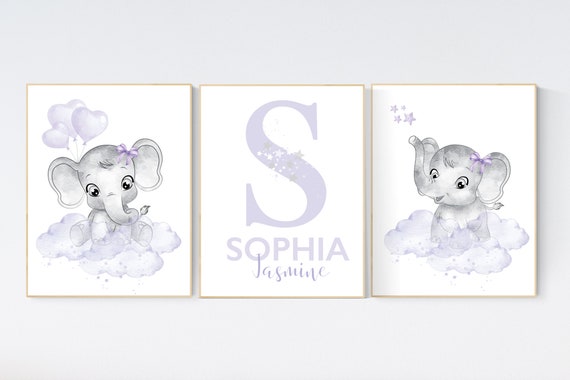 Nursery decor girl purple, nursery decor elephant girl, Girls room decor purple, moon and stars, nursery decor girl lavender, lilac nursery