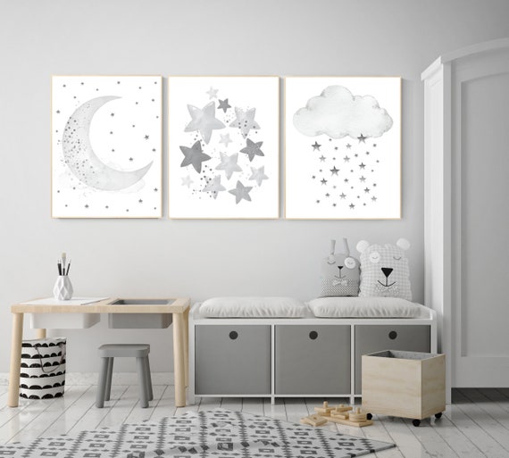 Nursery wall art grey, gray nursery, nursery decor neutral, baby room decor gender neutral, moon and stars, grey nursery decor baby room art