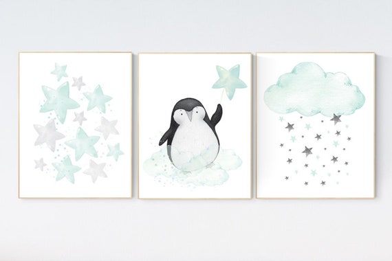 Mint nursery decor, nursery decor penguin, dream big little one, nursery decor neutral, nursery decor boy teal, cloud and star nursery