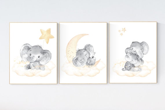 Nursery wall art neutral, nursery wall art elephant, cloud and stars, gender neutral, baby room decor, elephant balloon, baby room wall  art