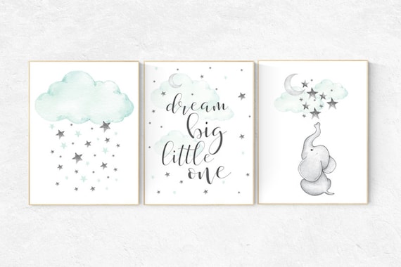 Mint nursery decor, nursery decor elephant, dream big little one, gender neutral nursery, cloud and star nursery, mint green nursery