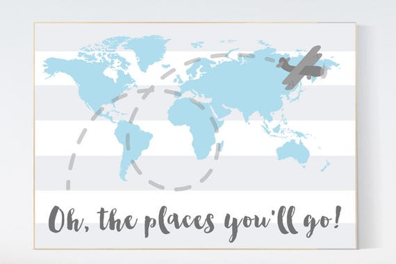 Oh the places you'll go, World Map wall art, world map nursery, Blue nursery decor, world map wall art, baby boy nursery, nursery decor boy