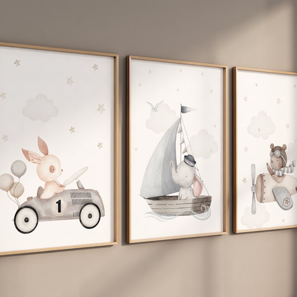 Nursery wall art animals, grey nursery, gender neutral, neutral nursery, bear nursery, elephant nursery, rabbit nursery, travel nursery