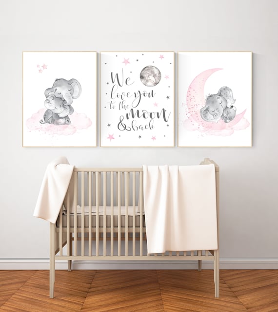 Girls room decor, Nursery decor girl pink and gray, nursery decor girl pink, Elephant nursery, we love you to the moon and back, moon stars