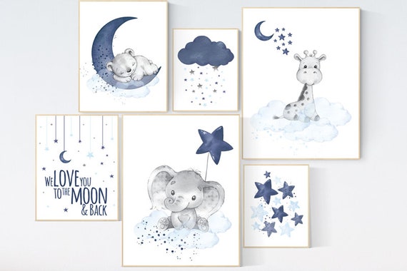 Nursery decor boy elephant, giraffe, boy nursery decor, moon and stars, navy and blue nursery, boy nursery, we love you to the moon and back