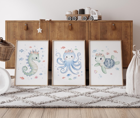 Seahorse Octopus Turtle Nursery Wall Art, Coral and Seafoam Ocean Prints