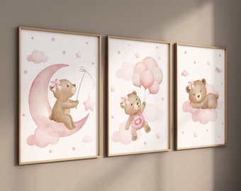 Nursery decor girl wall art, bear nursery print, pink nursery art, bear nursery wall art, teddy bear, nursery wall art, bear print nursery