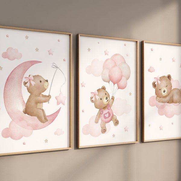 Kinderkamer decor meisje kunst aan de muur, beer kinderkamer print, roze kinderkamer kunst, beer kinderkamer kunst aan de muur, teddybeer, kinderkamer kunst aan de muur, beer print kinderkamer