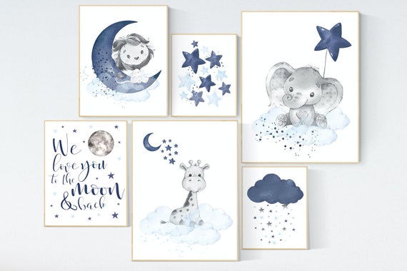 Nursery decor boy animals, giraffe, lion, elephant, boy nursery decor, moon and stars, navy and blue nursery, boy nursery wall decor