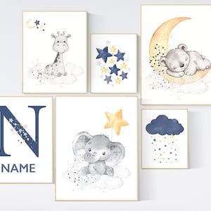 Nursery wall art animals, navy yellow gray, gender neutral, nursery wall art boy, navy Blue, elephant, giraffe, bear, name nursery art