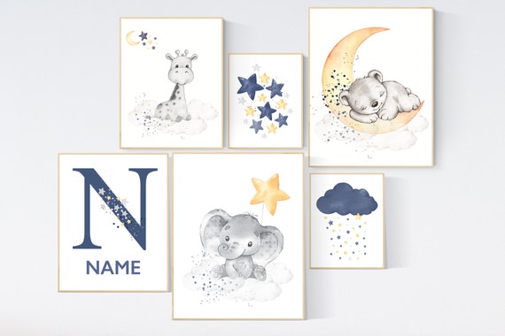 Nursery wall art animals, navy yellow gray, gender neutral, nursery wall art boy, navy Blue, elephant, giraffe, bear, name nursery art