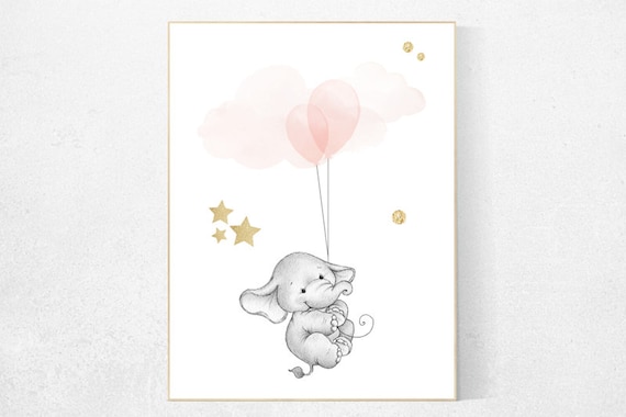 Nursery decor girl blush and grey and gold, Nursery decor elephant, girls room decor, blush pink wall art, blush pink decor, blush gold