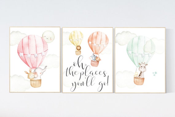 Nursery decor safari animals, hot air balloon, elephant and giraffe, gender neutral, nursery decor twins, animal nursery, neutral, unisex