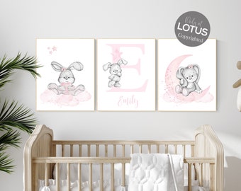 Pink Bunny Nursery Art Prints: Rabbit Decor for Girl's Room