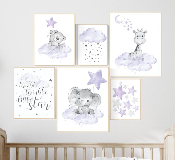 Nursery decor girl purple, nursery decor animals, bear, elephant, giraffe, moon and stars, nursery prints girl, lavender, lilac, nursery art