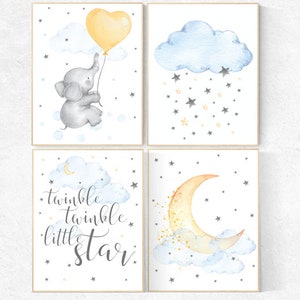 Nursery wall art elephant, nursery decor neutral, twinkle twinkle little star, nursery gender neutral, cloud and stars, baby room decor