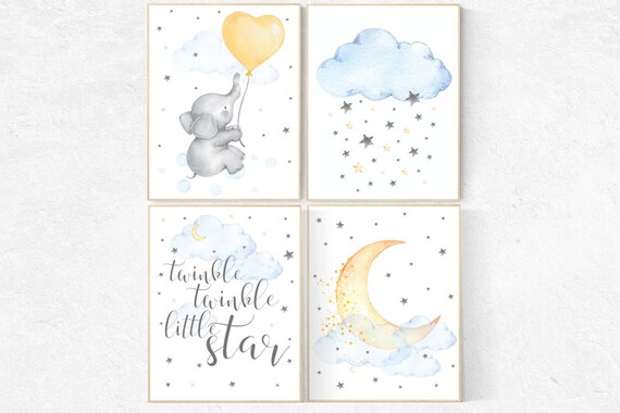 Nursery wall art elephant, nursery decor neutral, twinkle twinkle little star, nursery gender neutral, cloud and stars, baby room decor