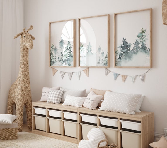 Nursery decor mountain, nursery wall art, tree nursery decor, adventure theme nursery, forest, green, beige, woodland animals