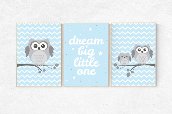 Dream Big Little One, owl nursery art, Baby boy nursery decor, Blue gray nursery, boys room wall art, baby room prints, set of 3, boys room