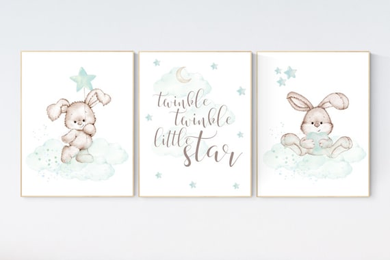 Nursery decor bunny, mint nursery, rabbit, twinkle twinkle little star, mint green, Bunny print nursery, gender neutral, woodland animals