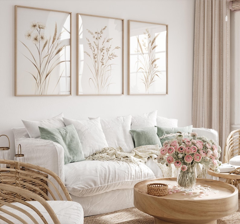 Beige Botanical Line Art Print Set: Minimalist Floral Wall Decor - Etsy