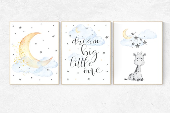 Nursery wall art giraffe, dream big little one, cloud nursery decor, Nursery decor neutral moon and stars nursery moon , gender neutral