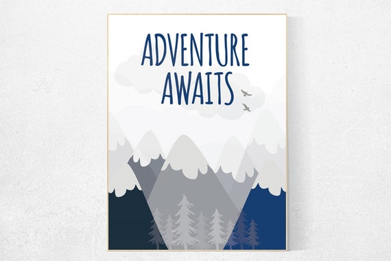 Nursery decor boy mountains adventure, nursery wall art woodland, adventure awaits nursery, nursery decor neutral, baby room decor mountains