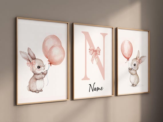 Personalized bunny nursery art, blush pink baby name print, custom baby girl wall art, watercolor rabbit decor, pastel balloon nursery print