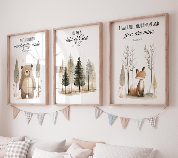 Woodland Bible Verse Nursery Wall Art, Bear Fox Forest Prints, Christian Baby Room Decor, Scripture Animal Posters, Gender Neutral Set