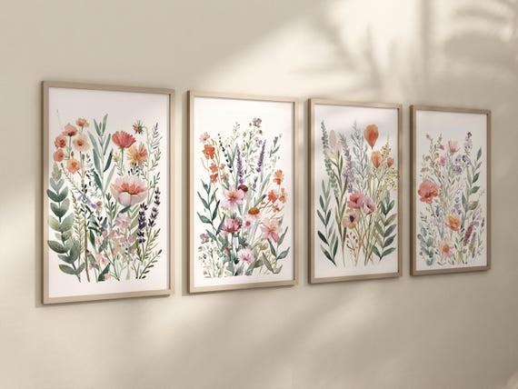 Bright Floral Wall Art Set of 4 – Watercolor Wildflower Prints, Colorful Botanical Wall Decor, Boho Art for Bedroom, Entryway, nursery print