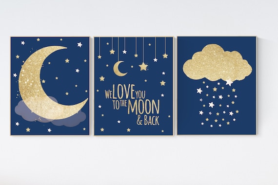 Navy nursery decor, cloud and stars, moon and stars, navy gold nursery art. baby room wall art, boy nursery decor, set of 3, nursery art