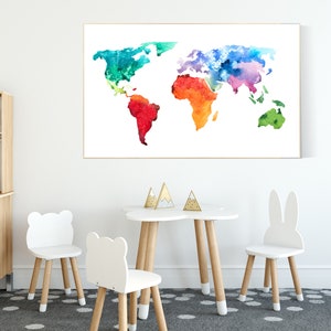 Travel theme nursery, World Map Print, nursery wall art, gender neutral, world map wall art, map nursery, baby room decor, color world map