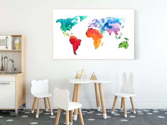 Travel theme nursery, World Map Print, nursery wall art, gender neutral, world map wall art, map nursery, baby room decor, color world map