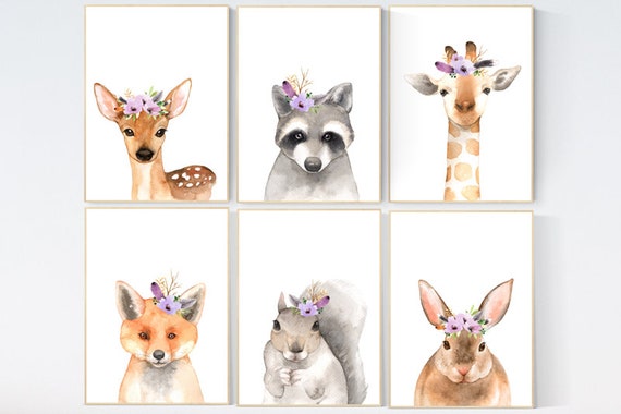 Nursery prints woodland, animal flower crown prints, nursery decor purple, nursery prints animals, nursery decor girl flower, animal prints