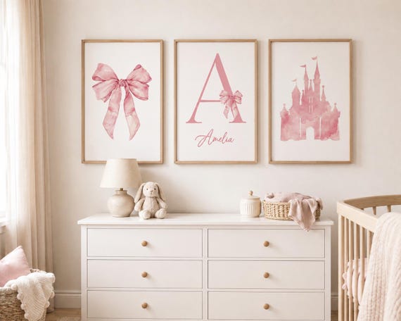 Personalized Princess Nursery Wall Art Set for Girls Room Decor