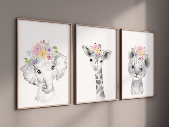 Girl nursery decor, Nursery wall art animals, Safari animals, Floral Nursery Prints, pink nursery, girls nursery decor, elephant nursery