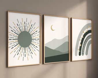 Sage Green Nursery Prints: Boho Rainbow, Sun, Moon Abstract Art
