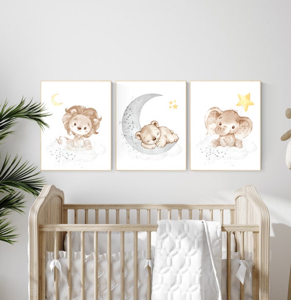 Nursery decor neutral, Yellow gray nursery, nursery wall art animals, elephant, lion, bear, moon, stars, gender neutral, yellow and gray