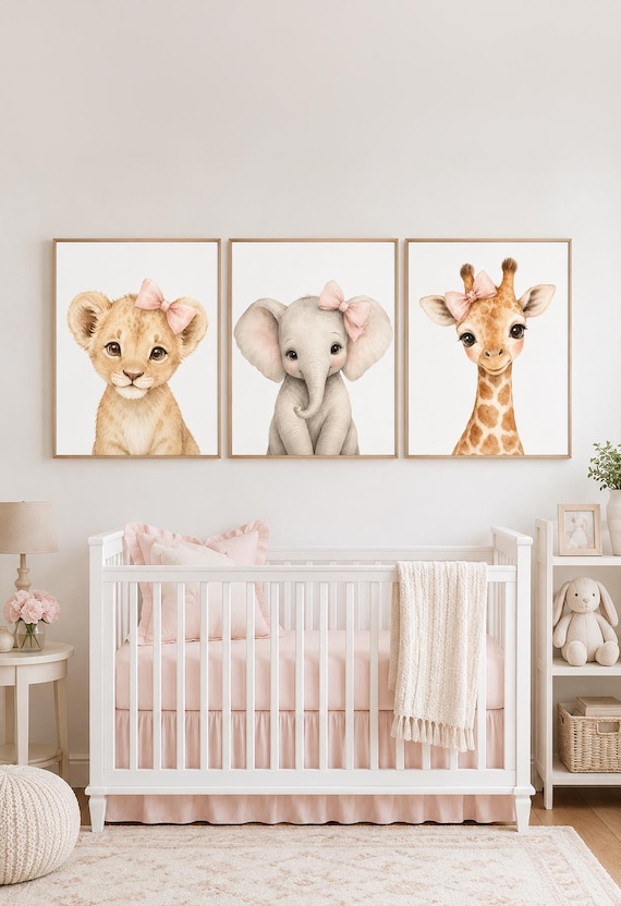 Baby Girl Nursery Wall Art Set, Safari Animals with Pink Bows