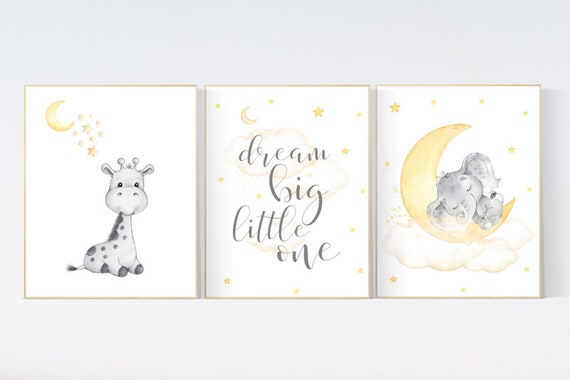 Nursery wall art neutral, nursery wall art elephant giraffe, moon and stars, gender neutral, baby room decor, baby room wall art, yellow