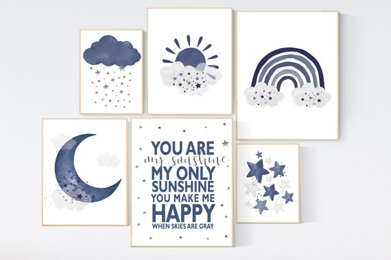 Nursery decor navy, rainbow nursery, you are my sunshine, nursery wall art boy, navy Blue, moon and stars, navy nursery, boy nursery decor