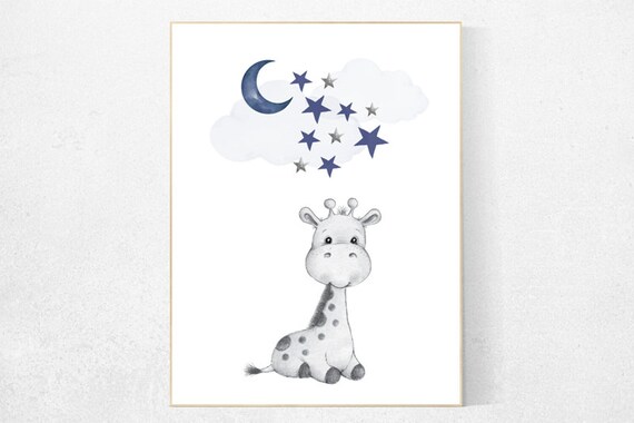 Nursery decor giraffe, navy nursery decor, cloud and stars, moon and stars, navy blue nursery art. baby room wall art, giraffe nursery