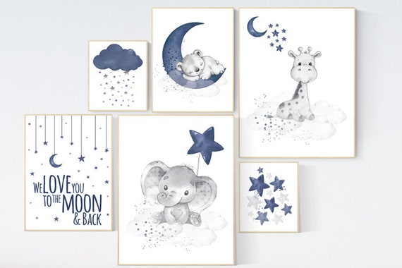 Nursery decor boy elephant, giraffe, boy nursery decor, moon and stars, navy nursery, boy nursery wall art, we love you to the moon and back