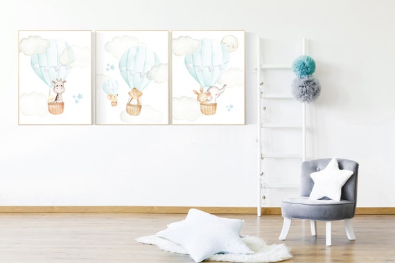 Nursery decor animals, nursery wall art mint green, Hot air balloon nursery, elephant, giraffe, bear, bunny, woodland animals, aqua, mint