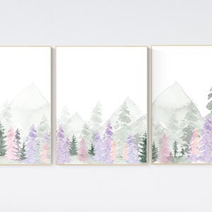 Nursery decor woodland, mountain wall art, tree nursery decor, adventure theme nursery, forest, pink, green, purple and blush pink