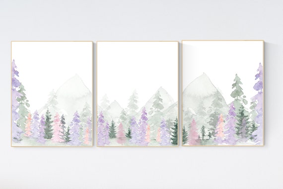 Nursery decor woodland, mountain wall art, tree nursery decor, adventure theme nursery, forest, pink, green, purple and blush pink