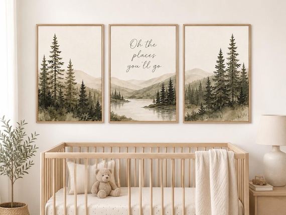 Oh The Places You’ll Go Nursery Wall Art Set of 3, Forest Nursery Prints